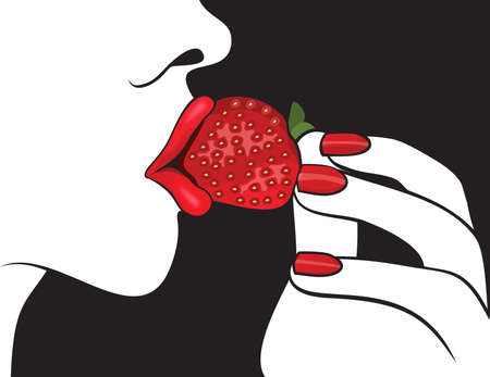 Beautiful woman with red lips eating strawberryのイラスト素材
