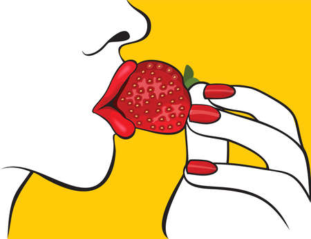 Beautiful woman with red lips eating strawberryのイラスト素材