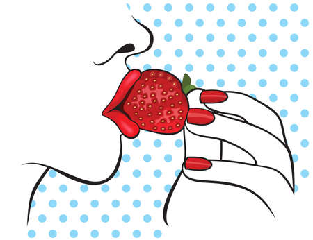 Beautiful woman with red lips eating strawberryのイラスト素材