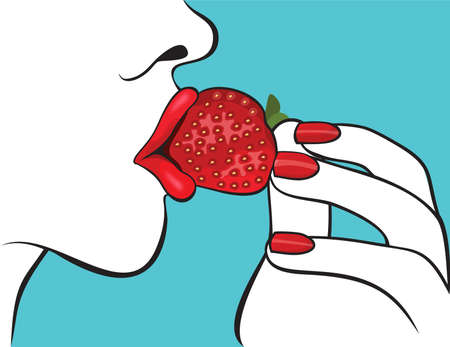 Beautiful woman with red lips eating strawberryのイラスト素材