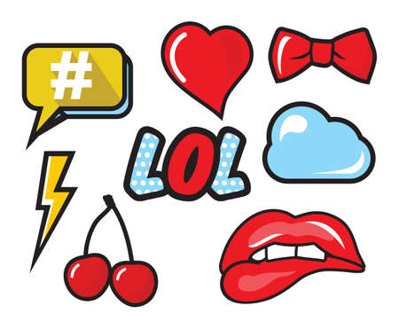 Sketch comics set, stickers with heart, lips, flash, cloud, cherryのイラスト素材