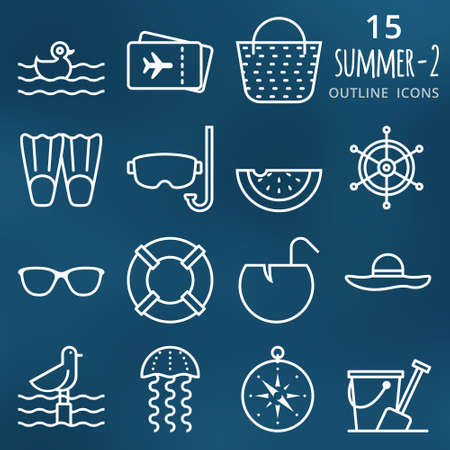 Summertime. Set of 15 pixel perfect outline vector Summer iconsのイラスト素材