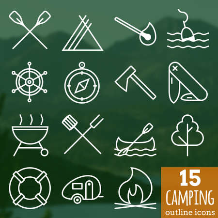 15 camping outline iconsのイラスト素材