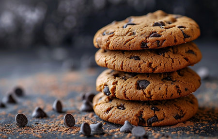 Chocolate chip cookies on a dark background, selective focus. Copy space.の素材