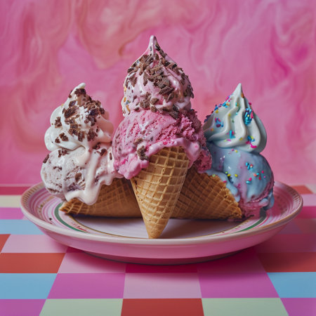Whimsical Ice Cream Dessert with Three Cones on Plate A Fusion of Realism and Fantasyの素材