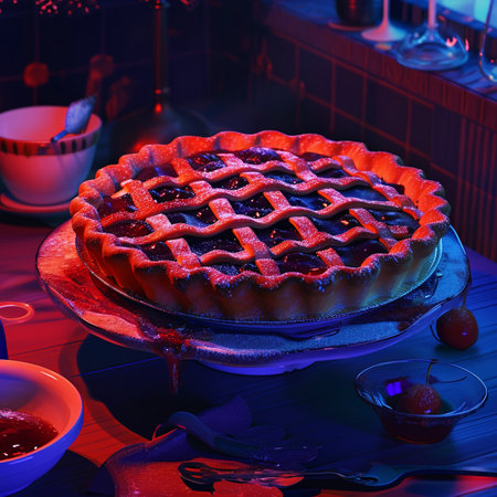 Delicious pie with berries on a wooden table. Toned.の素材