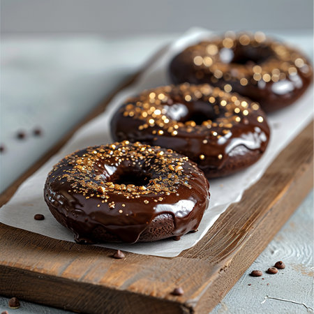Chocolate donuts with chocolate glaze on a wooden board.の素材