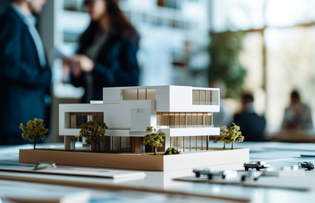 Model of a house on the background of business people in the officeの素材