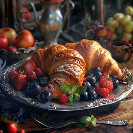 Croissants with fresh berries on a wooden background. Selective focus.の素材