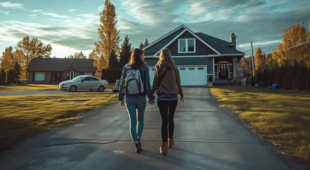 Back view of two young women walking on the street in front of their new houseの素材