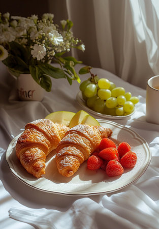 Breakfast with coffee, croissants and fruits on the tableの素材