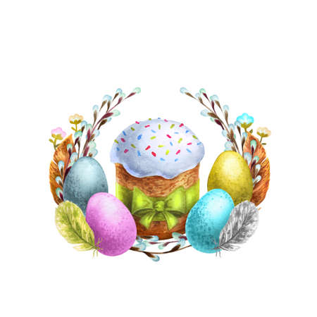 Easter cake, egg, willow catkins and plants. Template can be used in greeting postcards, business...