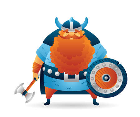 Cartoon viking cute character with shield and ax. Funny cartoon. Illustration isolated on white background for poster, card, web. Vectorのイラスト素材