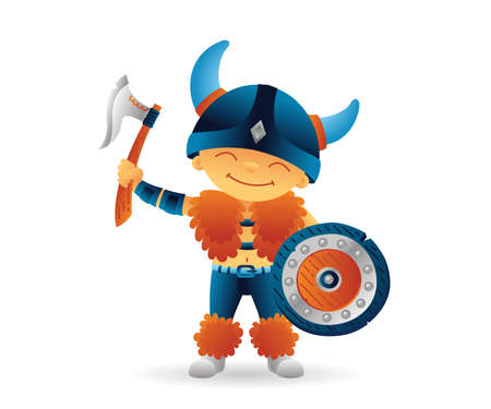 Cartoon viking smiling boy norwegian, scandinavian character with shield and axe. Funny kids cartoon. Vector illustration isolated on white background for poster, card, web.のイラスト素材