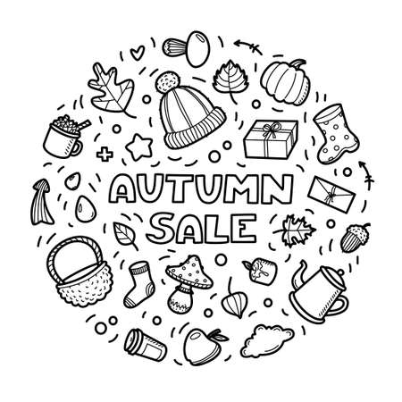 Autumn lineart icons doodles elements collection. Vector set isolated on white background. Sale lettering for banner, coloring book, poster, card, print, web. Hand drawn elements.のイラスト素材