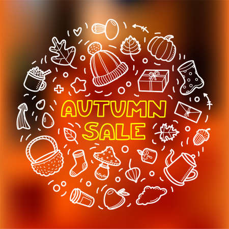 Autumn lineart icons doodles elements collection. Vector set white chalk on blur autumn orange background. Sale lettering for banner, poster, card, print, web. Hand drawn elements.のイラスト素材