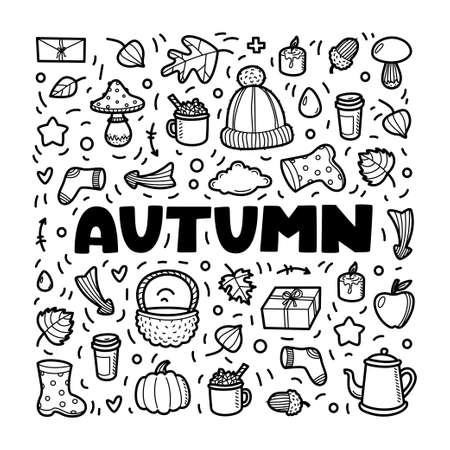 Autumn lineart icons doodles elements collection. Vector black line set isolated on white background. Lettering Autumn for banner, coloring book, poster, card, print, web. Hand drawn elements.のイラスト素材