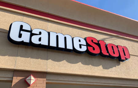 Helena, Montana - January 31, 2021: Gamestop logo sign of storefront, in the news stock rise from reddit investments, Wall Street shares soar, business logo sign, company retail store exteriorのeditorial素材