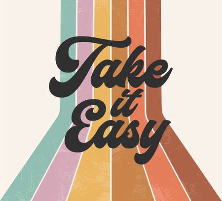 Boho Hippie Rainbow Retro Groovy Take It Easy 70s Font Graphic Design, Vintage Slogan Phrase, Stripes Pattern, Typography Art Saying Illustrationの写真素材
