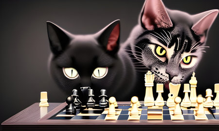 Cat playing chess on a chessboard. Cat playing chess #02. This art is created with artificial intelligence. enjoy!の素材