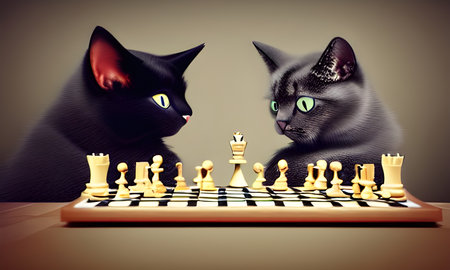 Cat playing chess on a chessboard. Cat playing chess #09. This art is created with artificial intelligence. enjoy!の素材