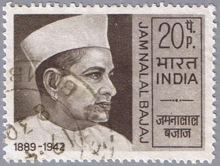 INDIA - CIRCA 1970: A stamp printed in India shows a portrait of the Indian patriot Jamnalal Bajaj, circa 1970の写真素材
