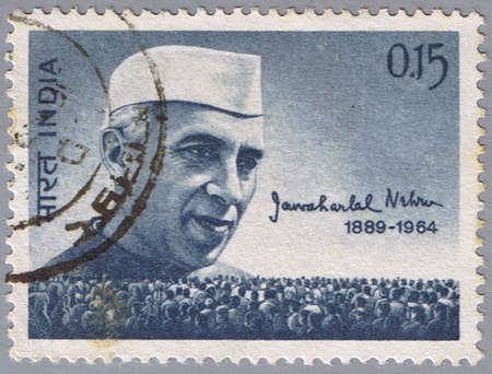 INDIA - CIRCA 1964: A stamp printed in India shows a portrait Prime Minister of Jawaharlal Nehru, circa 1964の写真素材