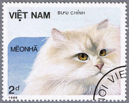 VIETNAM - CIRCA 1986: A stamp printed in Vietnam shows house cat, series, circa 1986の写真素材