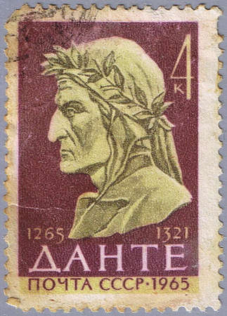 RUSSIA - CIRCA 1965: A stamp printed in Russia shows a portrait of the Italian poet Dante Alighieri, circa 1965の写真素材