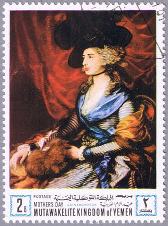 YEMEN - CIRCA 1968: A stamp printed Yemen shows a painting by Thomas Gainsborough - Portrait of Mrs. Sarah Siddons, series, circa 1968の写真素材