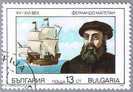 BULGARIA - CIRCA 1989: A stamp printed in Bulgaria shows a portrait of Ferdinand Magellan, series is devoted to explorers and their ships, circa 1989の写真素材