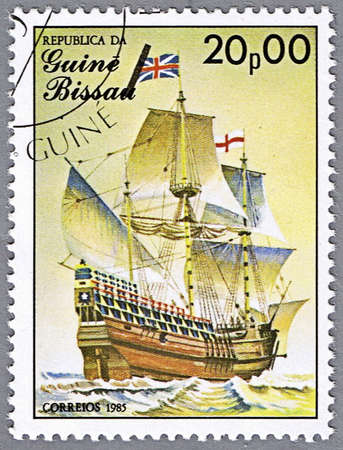 GUINEA-BISSAU - CIRCA 1985: A stamp printed in Guinea-Bissau shows Mayflower, 17th century, Great...