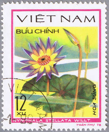 VIETNAM - CIRCA 1978: A stamp printed in Vietnam shows Nymphaea stellata or Star lotus, series, circa 1978のeditorial素材