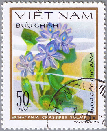 VIETNAM - CIRCA 1978: A stamp printed in Vietnam shows Eichhornia crassipes or water hyacinth, series, circa 1978のeditorial素材