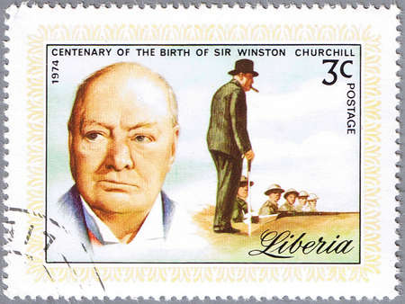 LIBERIA - CIRCA 1974: stamp printed in Liberia shows Sir Winston Churchill, series is dedicated to the centenary of birth, circa 1974 のeditorial素材