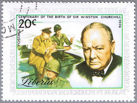 LIBERIA - CIRCA 1974: stamp printed in Liberia shows Sir Winston Churchill, series is dedicated to the centenary of birth, circa 1974のeditorial素材