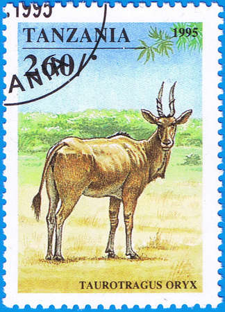 TANZANIA - CIRCA 1995: A stamp printed in Tanzania shows Taurotragus oryx or common eland, series, circa 1995のeditorial素材