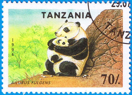 TANZANIA - CIRCA 1994: A stamp printed in Tanzania shows Ailurus fulgens or panda, series, circa 1994のeditorial素材