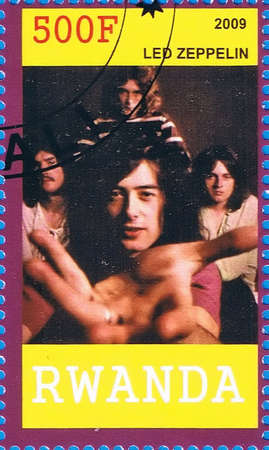 RWANDA - CIRCA 2009: A postage stamp printed in the Republic of Rwanda showing Led Zeppelin, circa 2009 のeditorial素材