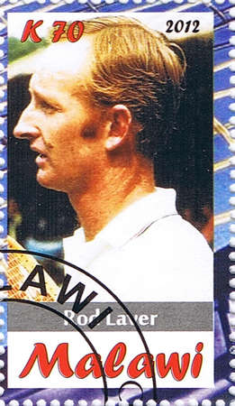MALAWI - CIRCA 2012: A stamp printed in Malawi shows Rod Laver, series, circa 2012のeditorial素材