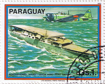 PARAGUAY  CIRCA 1983: stamp printed in Paraguay, shows aircraft carrier, series, circa 1983のeditorial素材