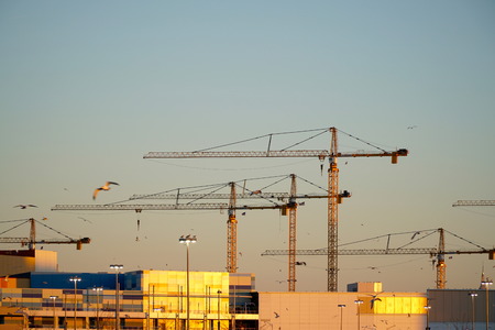 Tall heavy duty construction cranes over building site at sunsetの写真素材