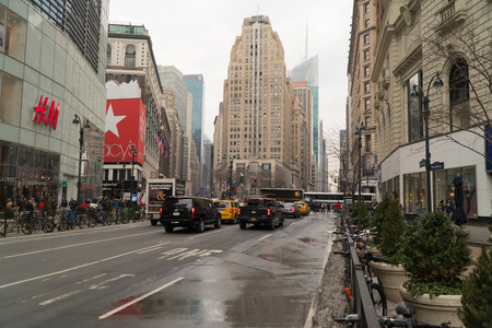 New York City - Circa 2017: Wide view of Herald Square in Midtown Manhattan during a foggy winter...