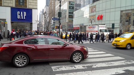 New York City - Circa 2017: Busy intersection of 34th street, 6th Avenue and Broadway in Herald...
