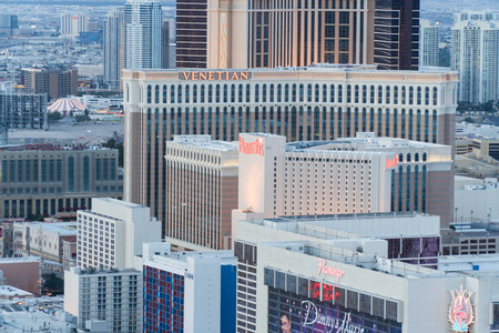 Las Vegas, USA - Circa 2017: Aerial view of hotel casino row on strip at sunset. Flamingo Venetian Harrahs resort. Famous buildings line the blvd against dusk colorのeditorial素材