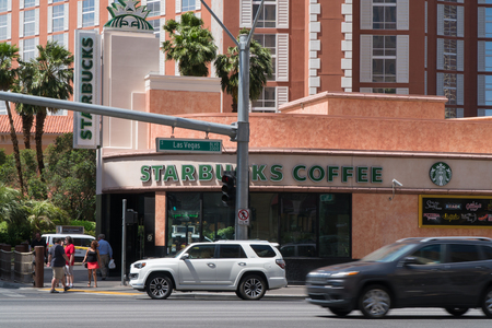 Las Vegas Nevada - Circa 2017: Starbucks Coffee retail chain franchise location on casino strip. Exterior photo. Barista staff prepares coffee drinks and food for patronsのeditorial素材