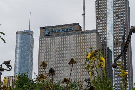 Chicago, USA - Circa 2019: Prudential financial insurance company headquarters building in Illinois USA establishing shot on a cloudy day in midwestのeditorial素材
