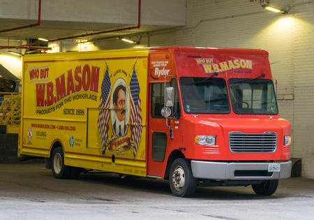 Chicago, USA - Circa 2019: WB Mason delivery truck parked outside building on route bring stationary and office supplies to businesses at headquartersのeditorial素材