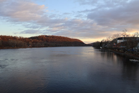 View of the Delaware at sunset in Pennsylvania.の写真素材