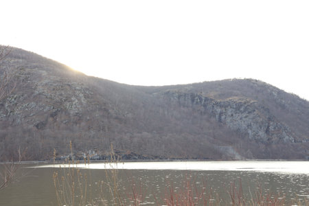 landscape of the lake and mountains in winter, closeup of photo